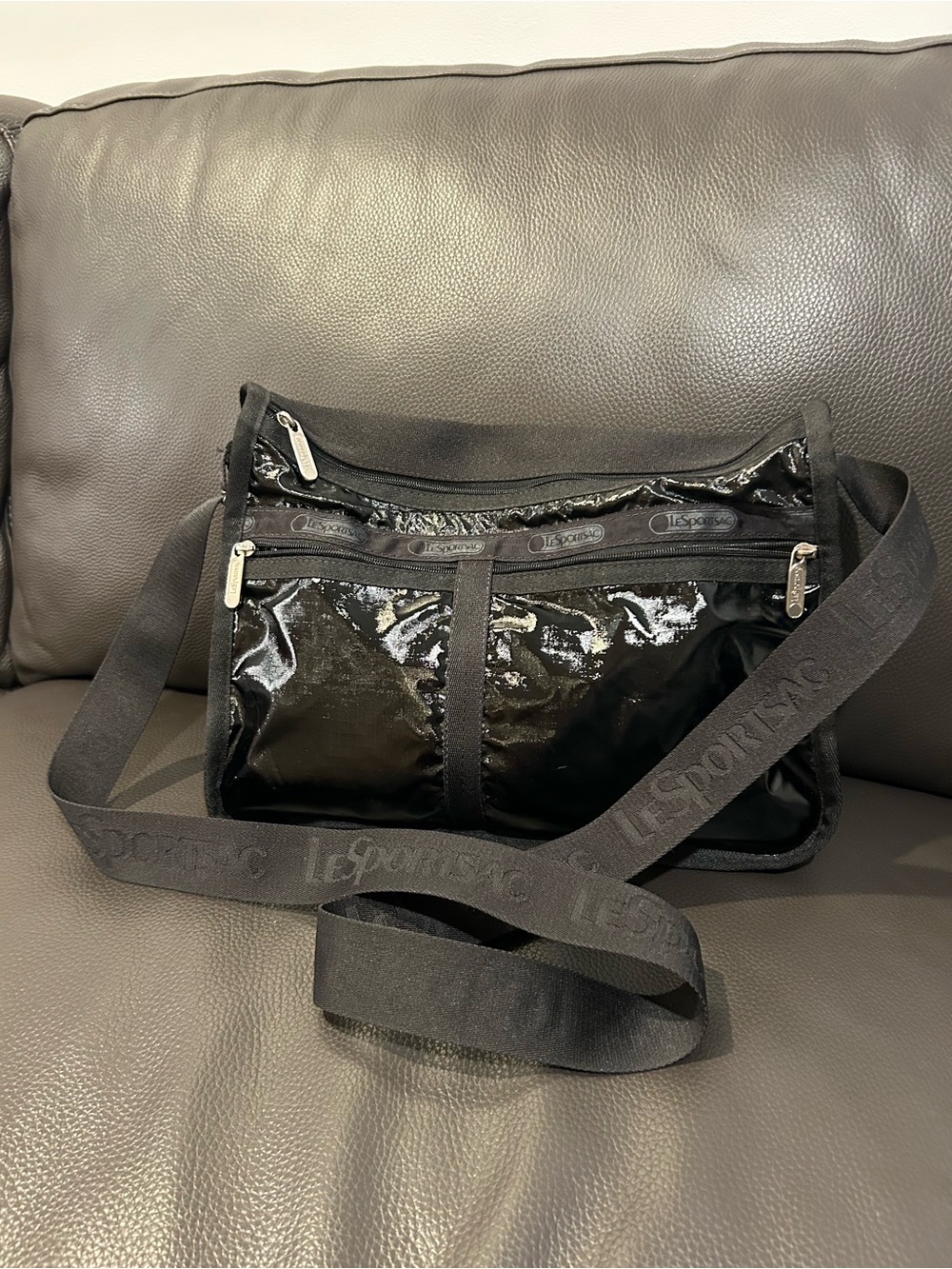 Lesportsac Black Patent Crossbody Messenger Bag